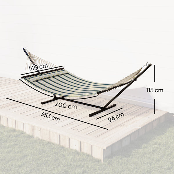 Hamac sur pied 353 cm, hamac avec support acier avec coussin amovible et barres d'écartement, pour intérieur et extérieur, lit de sieste rayé, vert