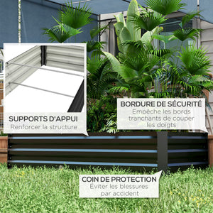 Jardinière rectangulaire potager de jardin bac à fleurs en acier avec bordure de sécurité et fond ouvert dim. 150L x 70l x 30H cm noir