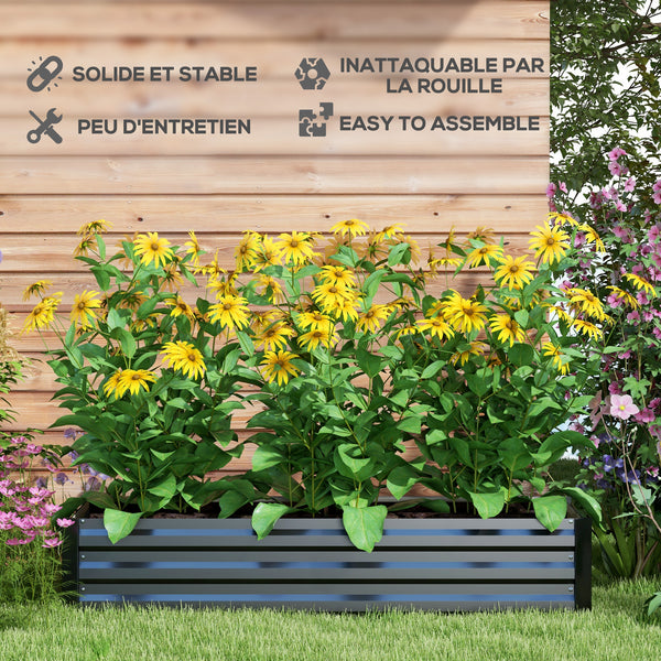 Jardinière rectangulaire potager de jardin bac à fleurs en acier avec bordure de sécurité et fond ouvert dim. 150L x 70l x 30H cm noir