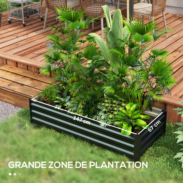 Jardinière rectangulaire potager de jardin bac à fleurs en acier avec bordure de sécurité et fond ouvert dim. 150L x 70l x 30H cm noir