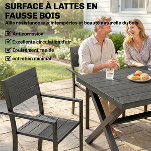Salon de Jardin 7 Pièces, Ensemble Table et Chaises en Aluminium pour 6, Table Extérieure avec Lattes Effet Bois et Chaises Empilables, Gris