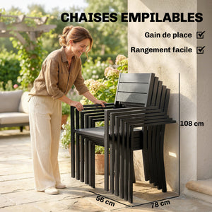 Salon de Jardin 7 Pièces, Ensemble Table et Chaises en Aluminium pour 6, Table Extérieure avec Lattes Effet Bois et Chaises Empilables, Gris