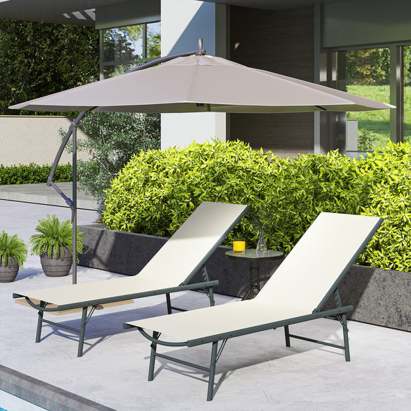 Lot de 2 bain de soleil, chaise longue pliante en textilène, transat jardin extérieur inclinable de plage, relax, camping, piscine, terrasse, 54 x 164 x 84 cm, crème