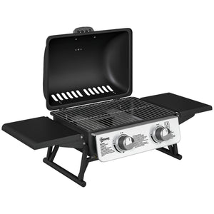 Barbecue gaz de table transportable, 2 brûleurs 5,6 kW, barbecue gaz de camping avec grille de cuisson, étagères latérales, couvercle, thermomètre, pour camping, jardin et balcon, noir