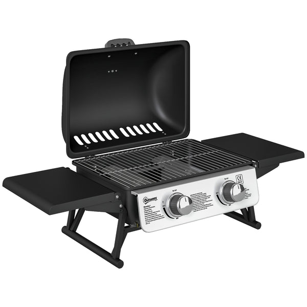 Barbecue gaz de table transportable, 2 brûleurs 5,6 kW, barbecue gaz de camping avec grille de cuisson, étagères latérales, couvercle, thermomètre, pour camping, jardin et balcon, noir
