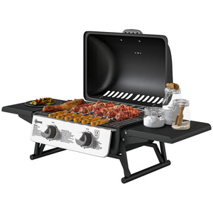 Barbecue gaz de table transportable, 2 brûleurs 5,6 kW, barbecue gaz de camping avec grille de cuisson, étagères latérales, couvercle, thermomètre, pour camping, jardin et balcon, noir