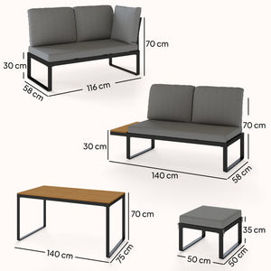 Ensemble de Jardin 6 Pièces avec Coussins, Mobilier de Jardin en Aluminium pour 6 à 8 Personnes avec Table, Canapé d'Angle pour Terrasse, Jardin, Véranda, Gris