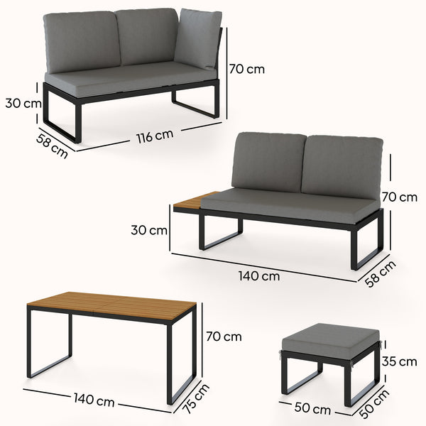 Ensemble de Jardin 6 Pièces avec Coussins, Mobilier de Jardin en Aluminium pour 6 à 8 Personnes avec Table, Canapé d'Angle pour Terrasse, Jardin, Véranda, Gris