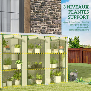 Serre de jardin PE avec étagères 3 niveaux, serre de balcon, bâche renforcée 140 g/m², châssis en acier, 2 portes zippées enroulables pour légumes plantes fleurs 215x46x151cm blanc