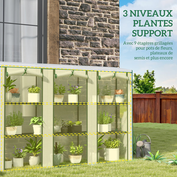 Serre de jardin PE avec étagères 3 niveaux, serre de balcon, bâche renforcée 140 g/m², châssis en acier, 2 portes zippées enroulables pour légumes plantes fleurs 215x46x151cm blanc