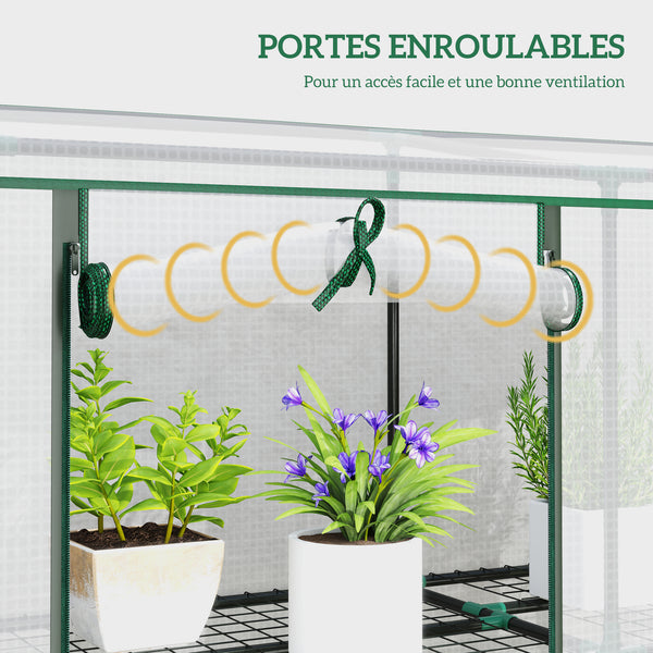 Serre de jardin PE avec étagères 3 niveaux, serre de balcon, bâche renforcée 140 g/m², châssis en acier, 2 portes zippées enroulables pour légumes plantes fleurs 215x46x151cm blanc