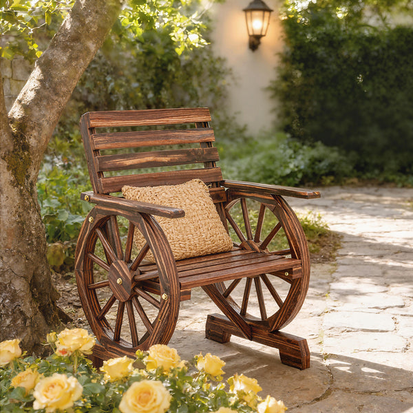 Chaise de Jardin en Bois, Fauteuil de Terrasse Style Roue de Chariot, Accoudoirs, Siège Large à Lattes et Dossier Incliné, Chaised'Extérieur pour Terrasse Balcon Patior, Finition Carbonisée