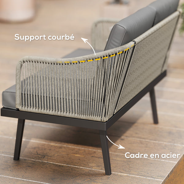 Canapé de jardin 2 places avec coussins en résine tressée, canapé d'extérieur avec accoudoirs, cadre en acier pour jardin, gris foncé