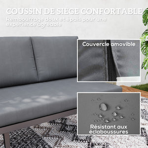 Canapé de jardin 2 places avec coussins en résine tressée, canapé d'extérieur avec accoudoirs, cadre en acier pour jardin, gris foncé