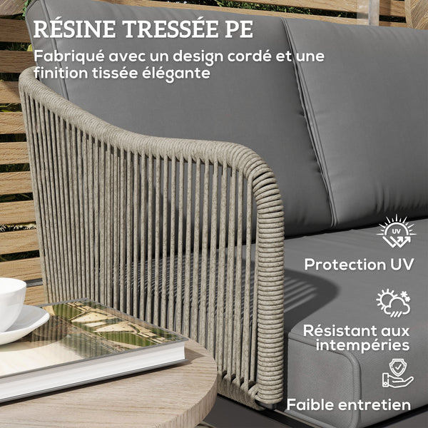 Canapé de jardin 2 places avec coussins en résine tressée, canapé d'extérieur avec accoudoirs, cadre en acier pour jardin, gris foncé