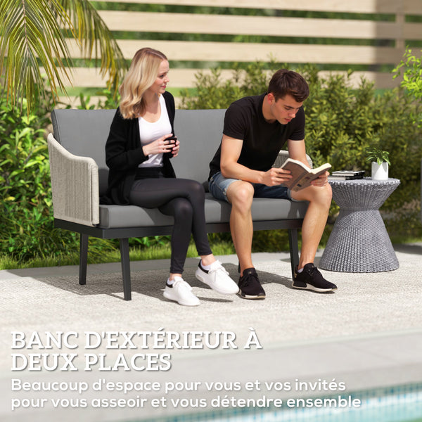 Canapé de jardin 2 places avec coussins en résine tressée, canapé d'extérieur avec accoudoirs, cadre en acier pour jardin, gris foncé