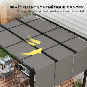 Pergola avec 3 toiles coulissantes 3,5 x 3 x 2,35 m structure acier noir toile polyester haute densité gris foncé