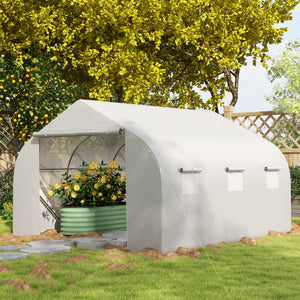 Serre Tunnel de Jardin 3,5 x 3 x 2 m Grande Taille 6 fenêtres en PE Haute densité 140 g/m² Anti-UV avec portes zip enroulables Blanc