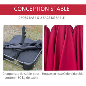 Parasol de jardin exterieur parasol double rectangulaire 4,6L x 2,7l x 2,4H m avec ouverture fermeture manivelle, sacs de lestage et base inclus, pour balcon, piscine, bordeaux