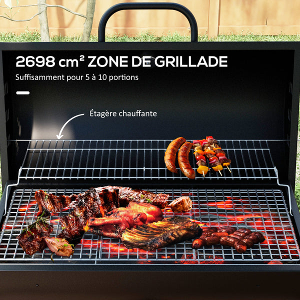 Barbecue au charbon de bois avec couvercle, barbecue charbon de bois grande taille avec grille et thermomètre, BBQ avec roues, poignée, pour jardin, patio, 95 x 71,5 x 102 cm, noir