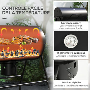 Barbecue au charbon de bois avec couvercle, barbecue charbon de bois grande taille avec grille et thermomètre, BBQ avec roues, poignée, pour jardin, patio, 95 x 71,5 x 102 cm, noir