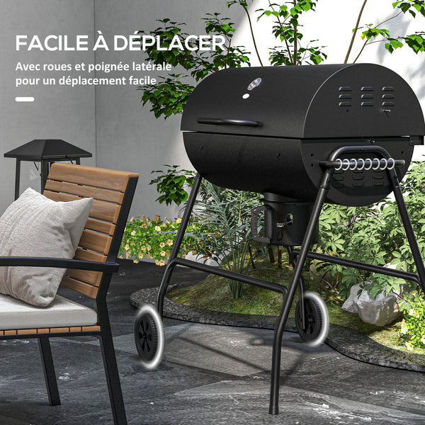 Barbecue au charbon de bois avec couvercle, barbecue charbon de bois grande taille avec grille et thermomètre, BBQ avec roues, poignée, pour jardin, patio, 95 x 71,5 x 102 cm, noir