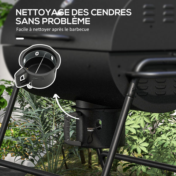 Barbecue au charbon de bois avec couvercle, barbecue charbon de bois grande taille avec grille et thermomètre, BBQ avec roues, poignée, pour jardin, patio, 95 x 71,5 x 102 cm, noir