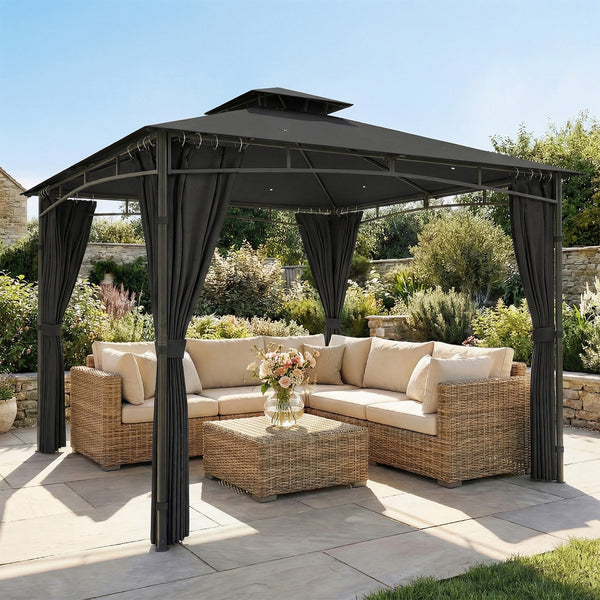 Tonnelle de Jardin Extérieur 3x3m Pavillon Métal Ø 48mm - Cadre de Toit Rétractable & Double Toit UV50+ - Abri de Jardin Imperméable Robuste pour 6-8 Personnes, Gris Anthracite