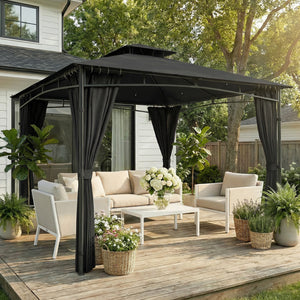 Tonnelle de Jardin Extérieur 3x3m Pavillon Métal Ø 48mm - Cadre de Toit Rétractable & Double Toit UV50+ - Abri de Jardin Imperméable Robuste pour 6-8 Personnes, Gris Anthracite