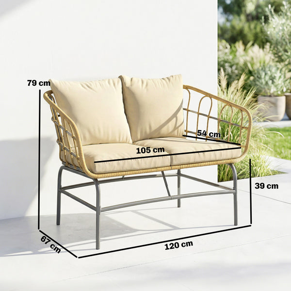Canapé de Jardin 2 Places en Résine Tressée - Salon de Jardin Extérieur avec Coussins Épais Anti-glisse - Banquette de Balcon et Terrasse en Rotin Design pour Mobilier de Jardin, Marron