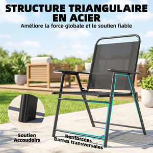 Lot de 4 chaises de jardin pliantes avec accoudoirs, chaises d'extérieur avec assise large en textilène respirant, dossier haut, cadre en acier robuste, pour patio, balcon, terrasse, noir