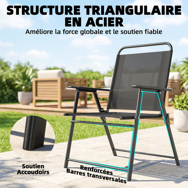 Lot de 4 chaises de jardin pliantes avec accoudoirs, chaises d'extérieur avec assise large en textilène respirant, dossier haut, cadre en acier robuste, pour patio, balcon, terrasse, noir