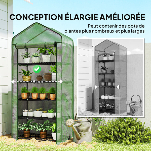 Serre de jardin avec étagères 5 niveaux, serre de balcon, bâche renforcée, châssis en acier, porte zippée enroulable, pour légumes plantes fleurs, 90x49x193cm, vert