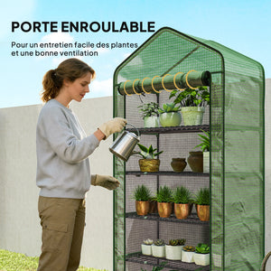 Serre de jardin avec étagères 5 niveaux, serre de balcon, bâche renforcée, châssis en acier, porte zippée enroulable, pour légumes plantes fleurs, 90x49x193cm, vert