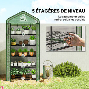 Serre de jardin avec étagères 5 niveaux, serre de balcon, bâche renforcée, châssis en acier, porte zippée enroulable, pour légumes plantes fleurs, 90x49x193cm, vert
