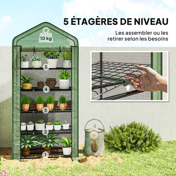 Serre de jardin avec étagères 5 niveaux, serre de balcon, bâche renforcée, châssis en acier, porte zippée enroulable, pour légumes plantes fleurs, 90x49x193cm, vert