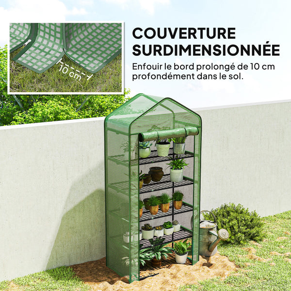 Serre de jardin avec étagères 5 niveaux, serre de balcon, bâche renforcée, châssis en acier, porte zippée enroulable, pour légumes plantes fleurs, 90x49x193cm, vert