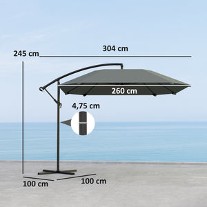 Parasol déporté, parasol de jardin extérieur Inclinable, avec Base, Manivelle, toile polyester 180 g/m², protection UV UPF50+, 304 x 260 x 245 cm, Gris Foncé