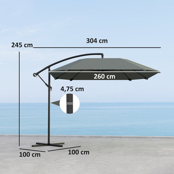 Parasol déporté, parasol de jardin extérieur Inclinable, avec Base, Manivelle, toile polyester 180 g/m², protection UV UPF50+, 304 x 260 x 245 cm, Gris Foncé