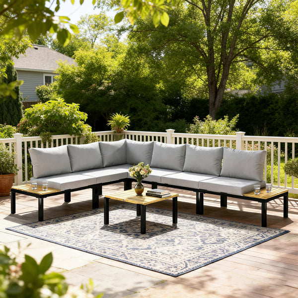 Salon de Jardin Modulaire 6 Pièces - Ensemble Canapé Extérieur Transformable en Lit - Mobilier de Jardin Design avec Table Basse et Plateaux Latéraux pour Terrasse et Patio, Gris Anthracite