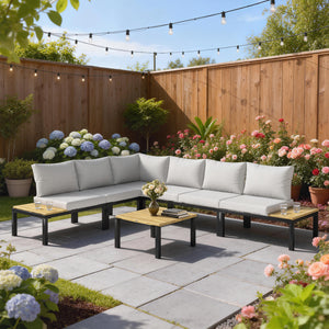 Salon de Jardin Modulaire 6 Pièces - Ensemble Canapé Extérieur Transformable en Lit - Mobilier de Jardin Design avec Table Basse et Plateaux Latéraux pour Terrasse et Patio, Gris Anthracite