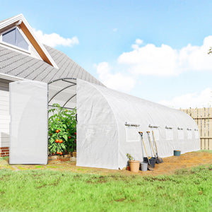 Serre tunnel de jardin 24m², serre de jardin tunnel 295x798x199cm avec portes et 12 fenêtres avec moustiquaires, bâche PE haute densité 140 g/m² prolongée de 20 cm, pour extérieur, blanc