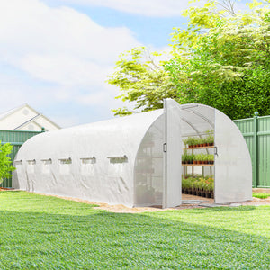 Serre tunnel de jardin 24m², serre de jardin tunnel 295x798x199cm avec portes et 12 fenêtres avec moustiquaires, bâche PE haute densité 140 g/m² prolongée de 20 cm, pour extérieur, blanc