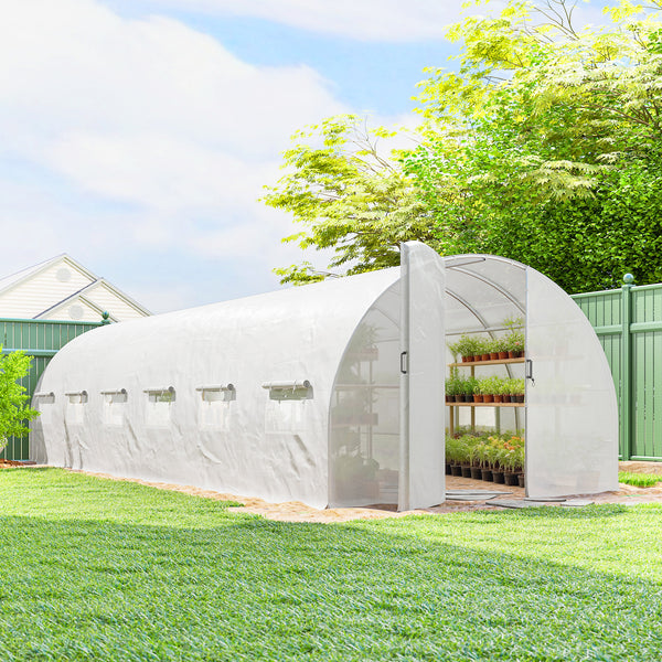 Serre tunnel de jardin 24m², serre de jardin tunnel 295x798x199cm avec portes et 12 fenêtres avec moustiquaires, bâche PE haute densité 140 g/m² prolongée de 20 cm, pour extérieur, blanc