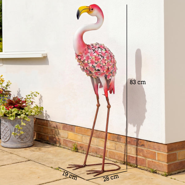 Statue de Jardin Flamant Rose, Sculpture d'Oiseau en Métal avec Plumes Florales, Décoration Extérieure avec Piquets de Fixation pour Jardin, Terrasse ou Paysage, Rouge