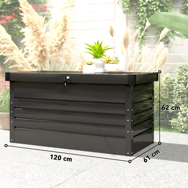 Coffre de rangement en métal 350L - boîte de jardin en acier galvanisé étanche avec double vérins à gaz - malle de rangement verrouillable pour coussins, outils et terrasse, gris anthracite