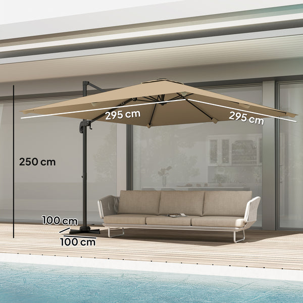 Parasol déporté carré 3 x 3 m, parasol de jardin extérieur, rotation 360°, inclinable 5 positions, 7 baleines, base en croix et manivelle, protection solaire UPF30+, mât en aluminium, kaki