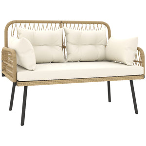 Canapé de jardin avec coussins et oreillers 2 places en résine tressée, canapé d'extérieur avec accoudoirs, cadre en acier galvanisé pour balcon, beige