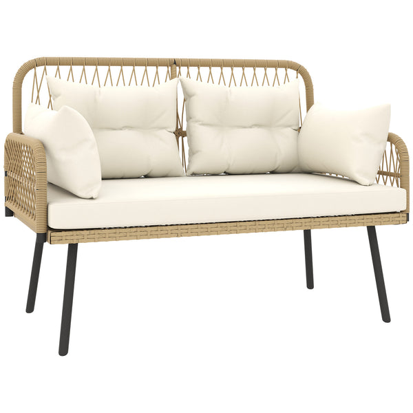 Canapé de jardin avec coussins et oreillers 2 places en résine tressée, canapé d'extérieur avec accoudoirs, cadre en acier galvanisé pour balcon, beige