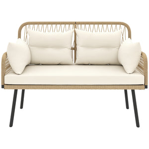 Canapé de jardin avec coussins et oreillers 2 places en résine tressée, canapé d'extérieur avec accoudoirs, cadre en acier galvanisé pour balcon, beige